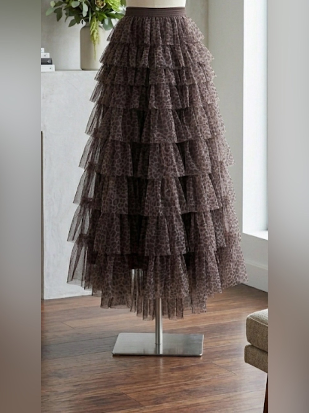 Tiered Ruffle Leopard Print Tulle Skirt in Brown